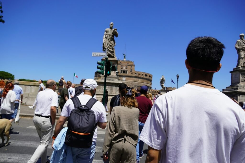 Long queue at Castel Sant'Angelo entrance in summer - why skip the line ticket is needed