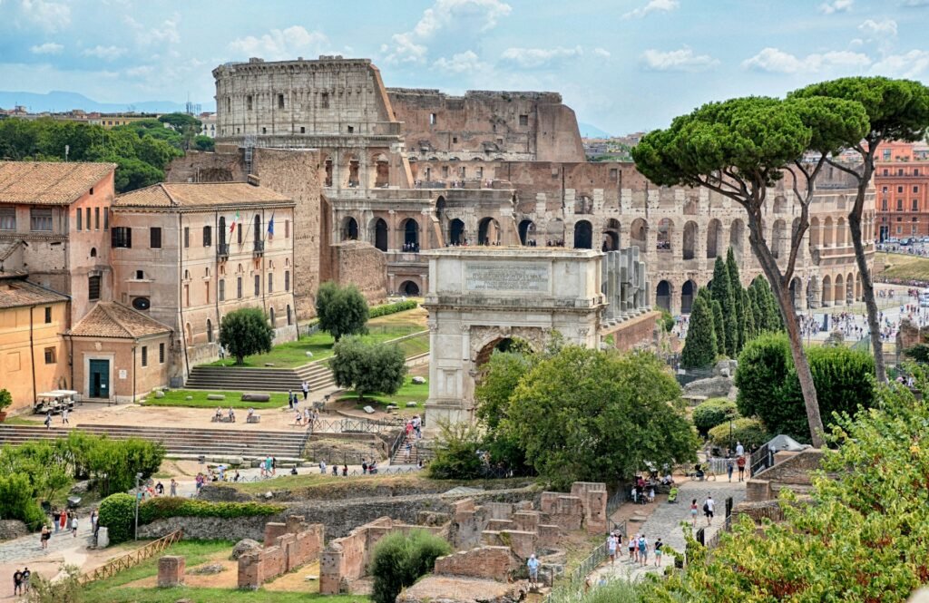 rome skip the line combo tour: View of Colosseum and Arch of Titus from Roman Forum - Standard ticket includes Forum and Palatine Hill