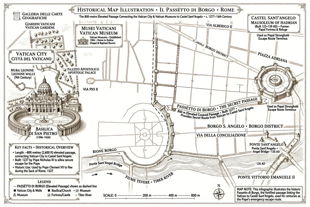 Historical map of Passetto di Borgo, the 800 meter secret passage connecting Vatican City to Castel Sant'Angelo