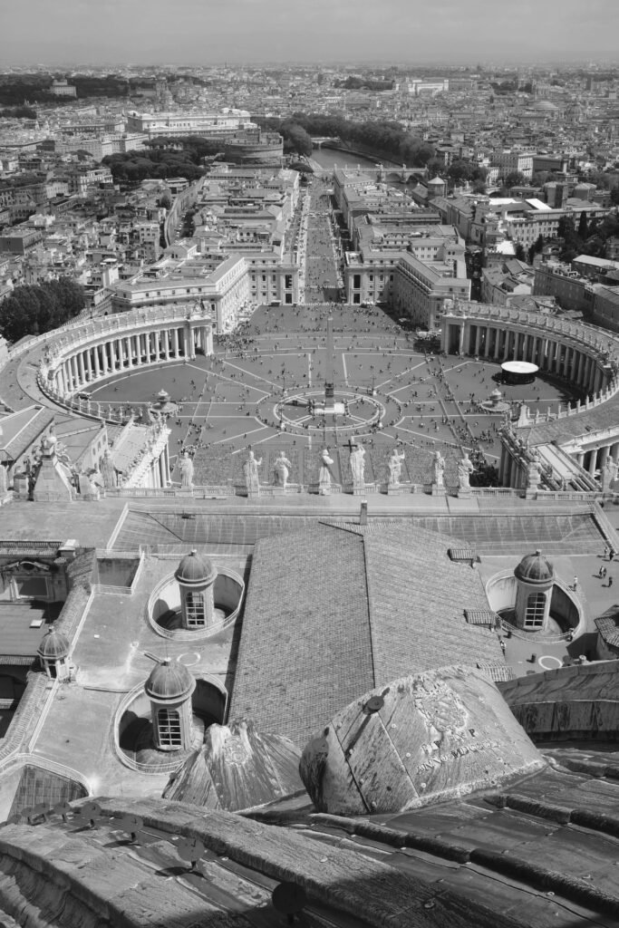 View from the top of St Peter's Dome overlooking St Peter's Square in Rome