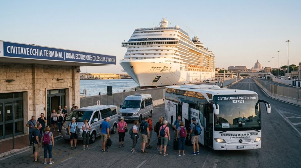 Civitavecchia cruise terminal with a large ship docked, showing passengers boarding a 'Rome Express' bus for a one-day shore excursion to the Colosseum and Vatican.