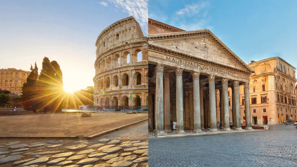 Colosseum and Pantheon in Rome split view - one day itinerary Title: Colosseum and Pantheon Rome combo guide