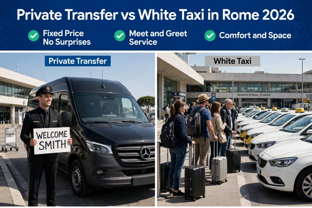 Private transfer vs white taxi at Rome Fiumicino Airport in 2026 comparison - fixed price, meet and greet, comfort and space
