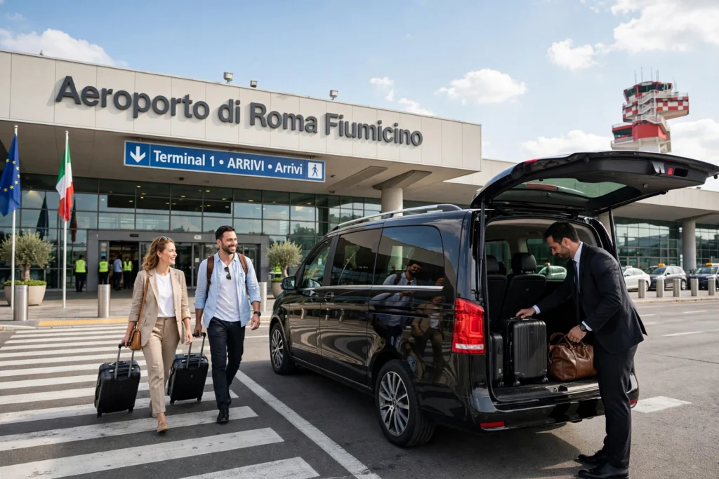 Couple arriving at Rome Fiumicino Airport Terminal 1 boarding a private executive transfer, driver loading luggage into black Mercedes van
