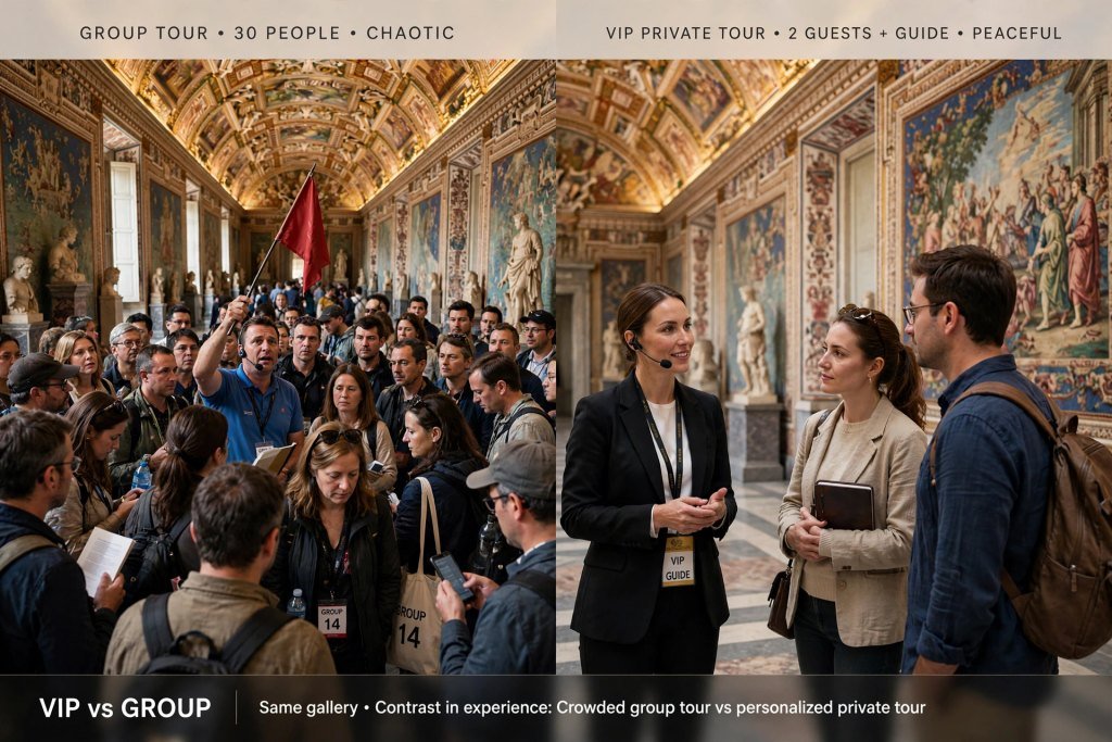 Vatican Museums crowded group tour comparison with a peaceful VIP private tour experience